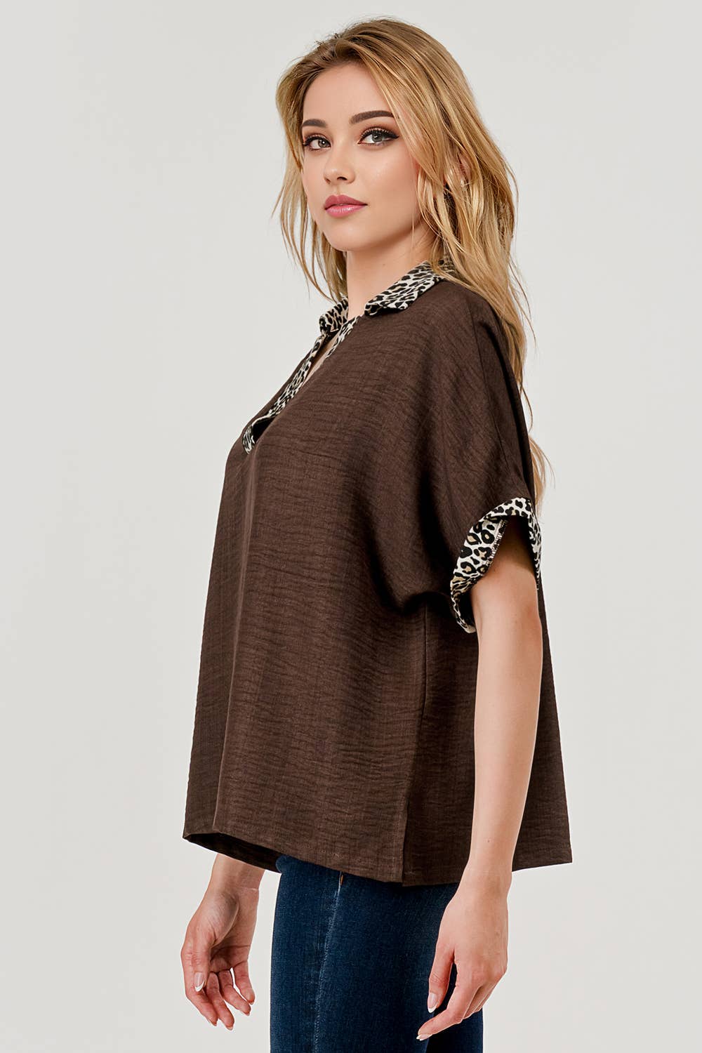 Danni Short Sleeve Leopard Print Color Block Top Coffee 9923