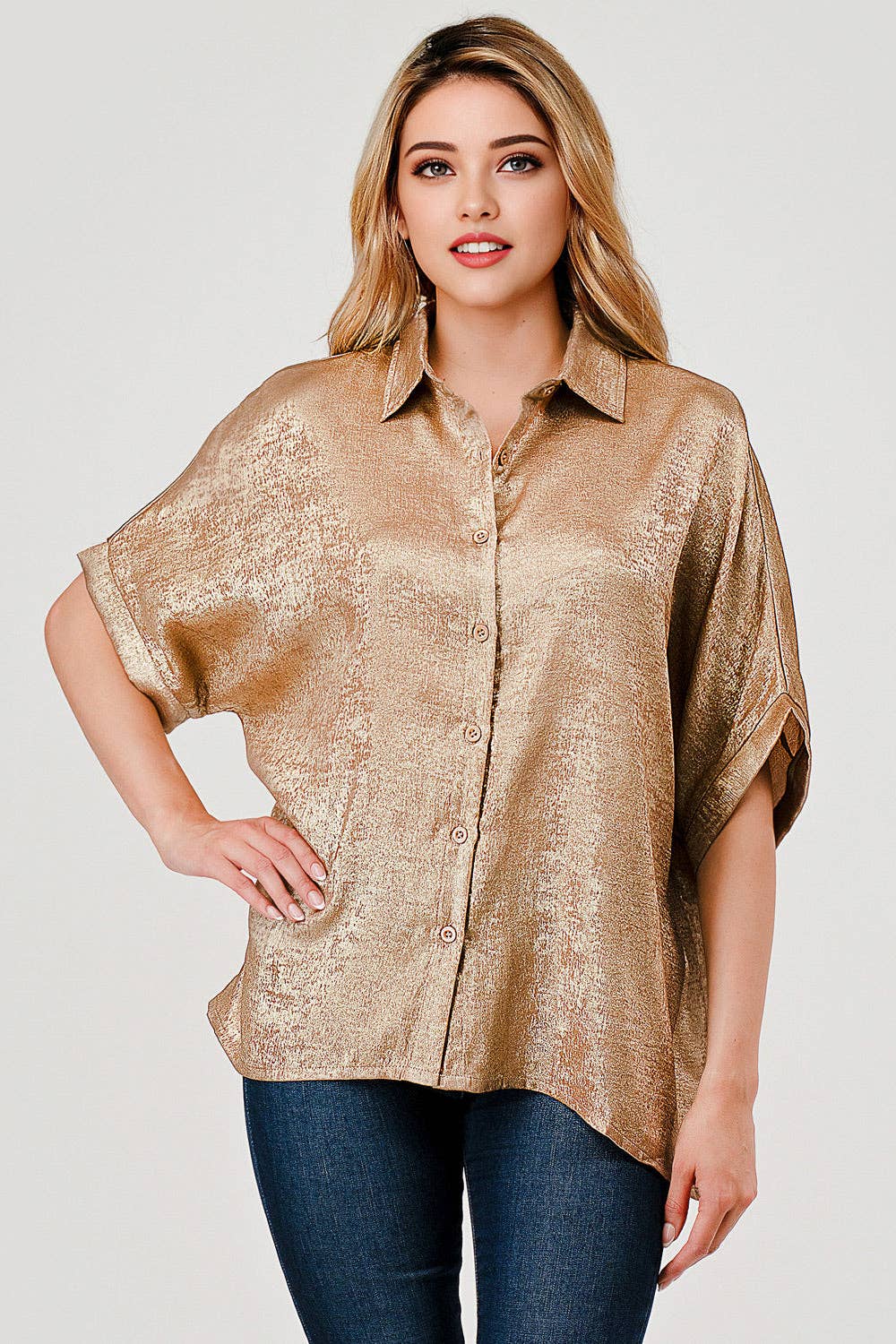 MBT 9922 Sonya Shimmer Metallic Foil Button Down Top Gold