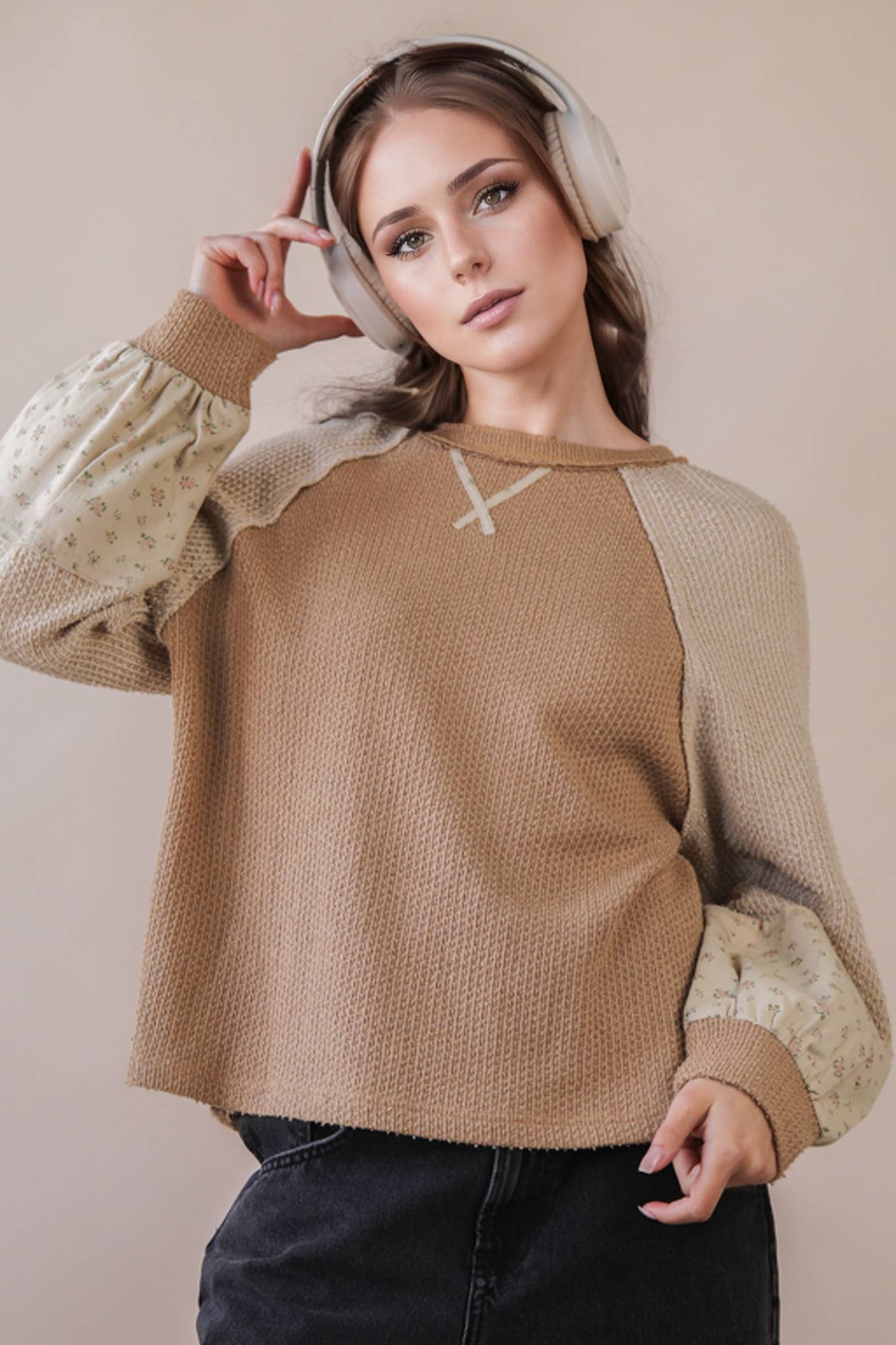 NT12328-Raglan Sleeve Color Block Casual Textured Knit Top