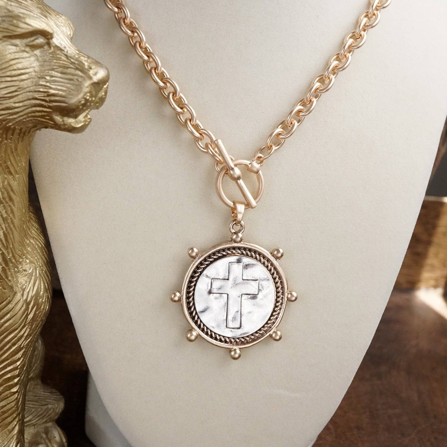 Cross Coin Chain Necklace with Front Toggle Closure – Silver or Gold Tone