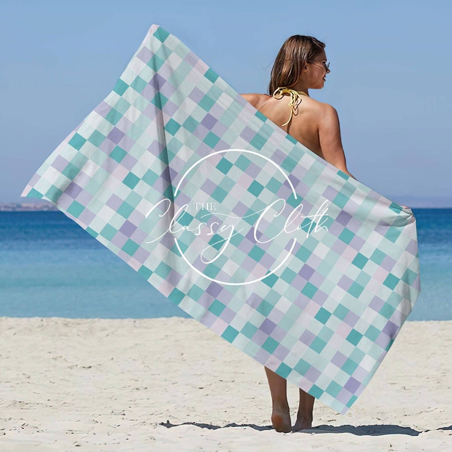 Beach Towel- Aqua Checkered RTS