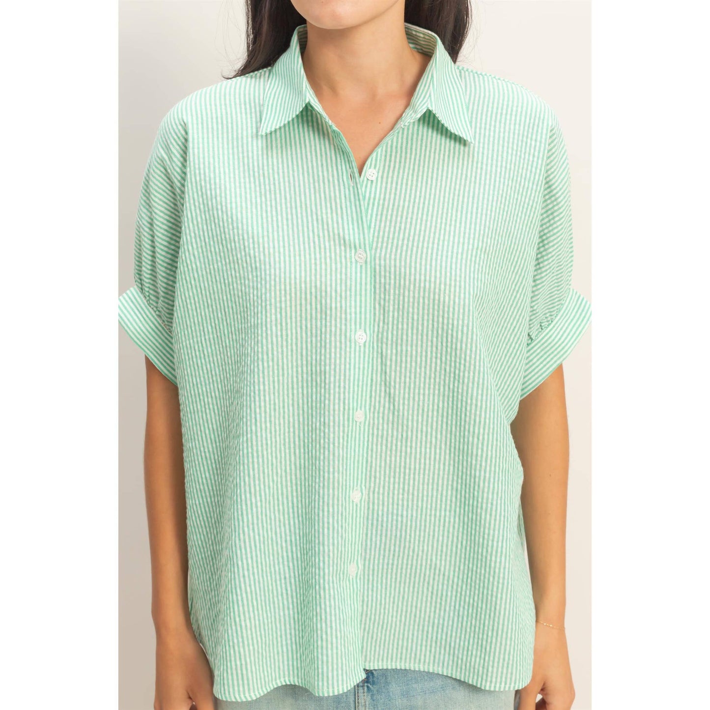 Striped Short Sleeve Button-Front Blouse