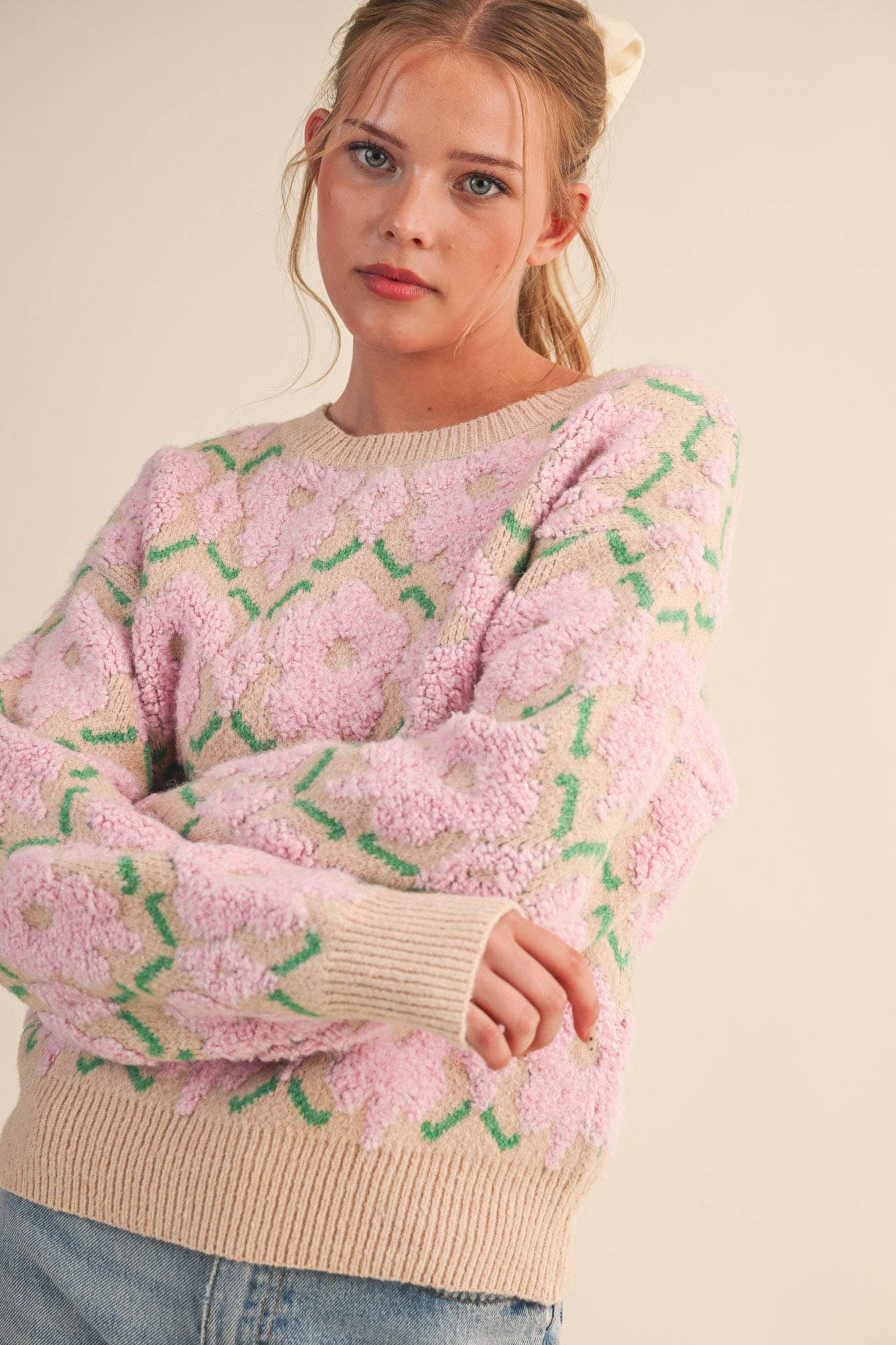 FUZZY TEXTURE FLORAL SWEATER MSW11198