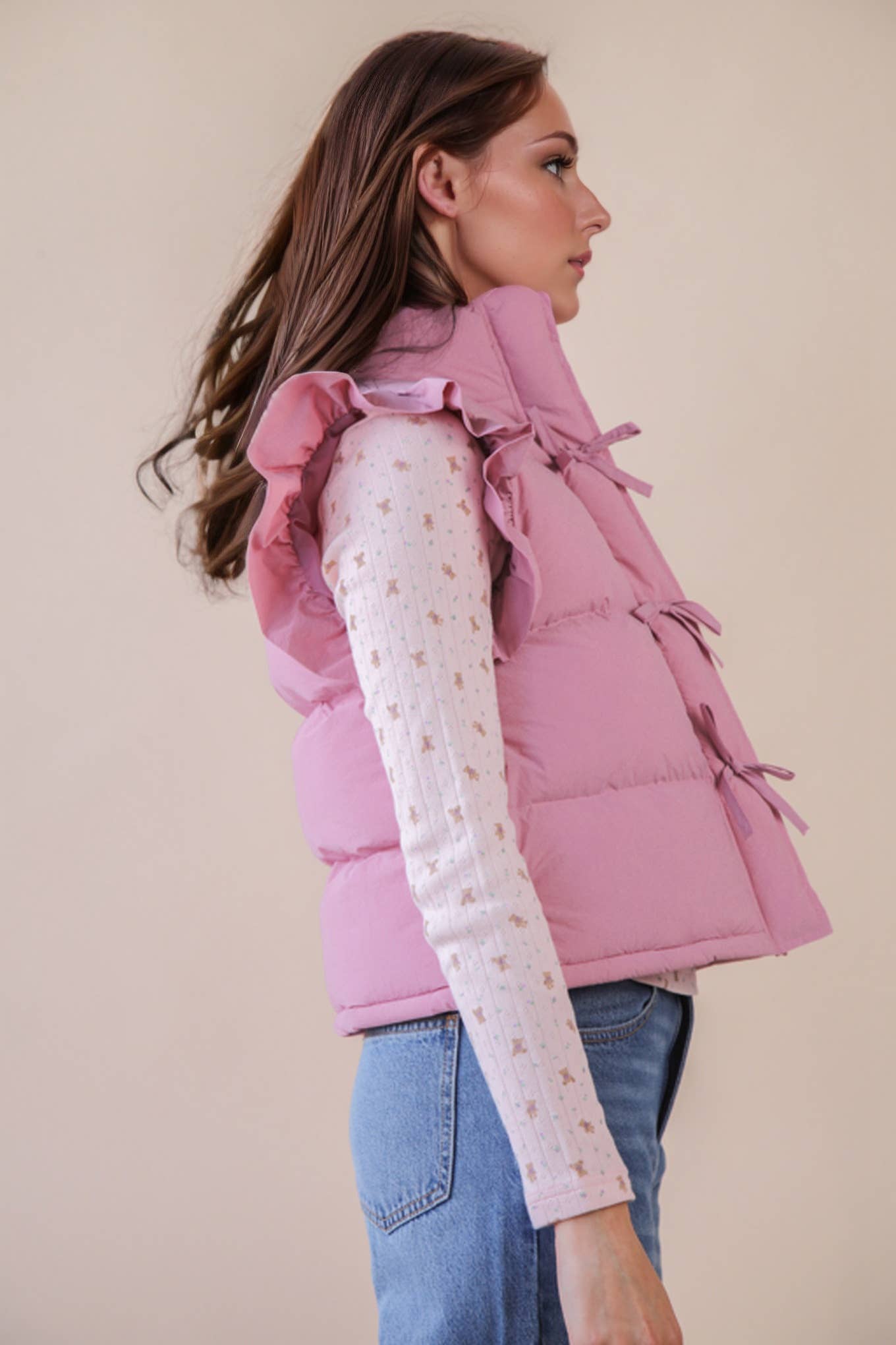 NJ90385-Front Bow Ruffle Sleeve Puffer Vest