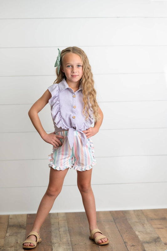 Kids Lavender Ruffle Top & Pastel Stripe Spring Short Set