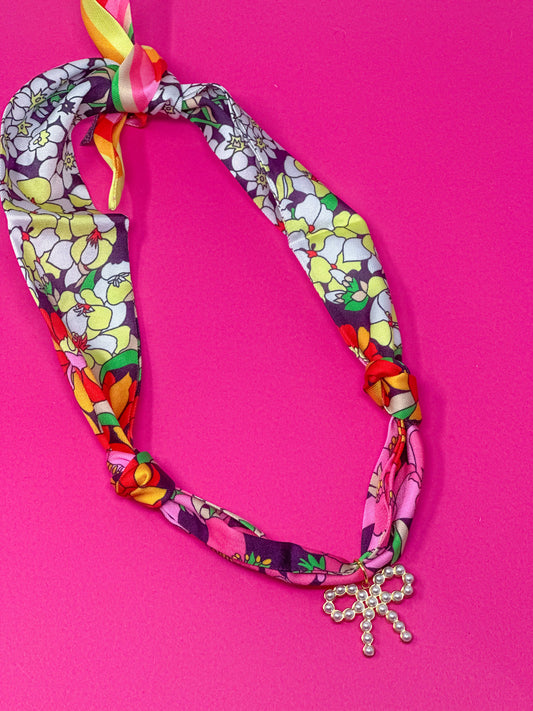 Scarf Charm Necklace - Black Multi Floral w/ Pearl Bow Charm