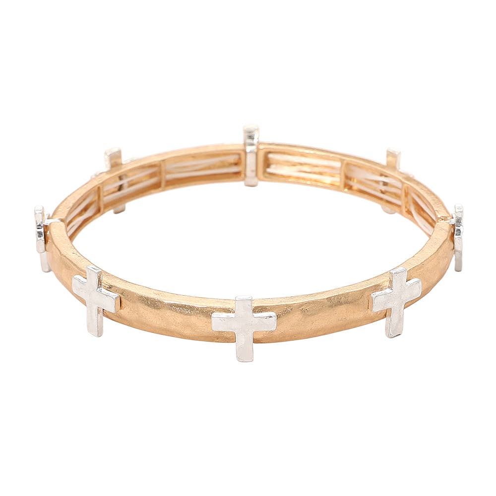 Hammered Brushed Metal Cross Accent Stretch Bracelet