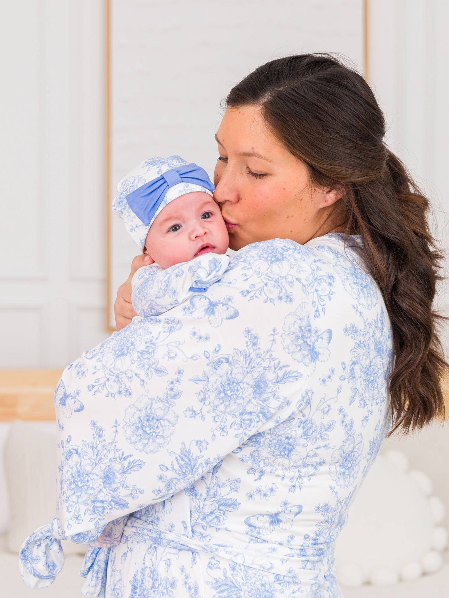 Baby Girls Periwinkle Blue Butterfly Garden Toile Bamboo Viscose Ruffle Knotted Sleep Gown & Hat Set