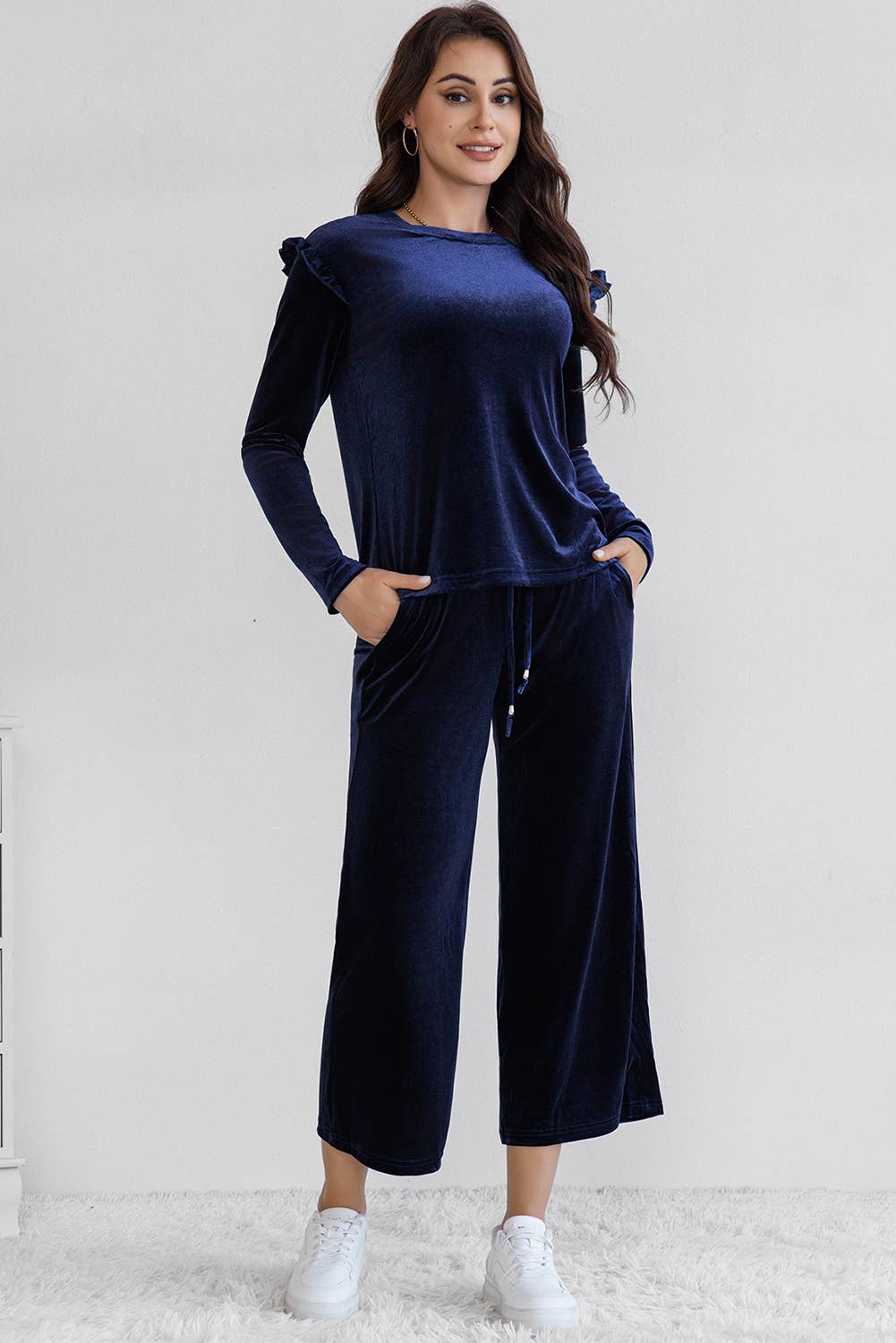 Solid Velvet Long Sleeve Top and High Waist Pants Set