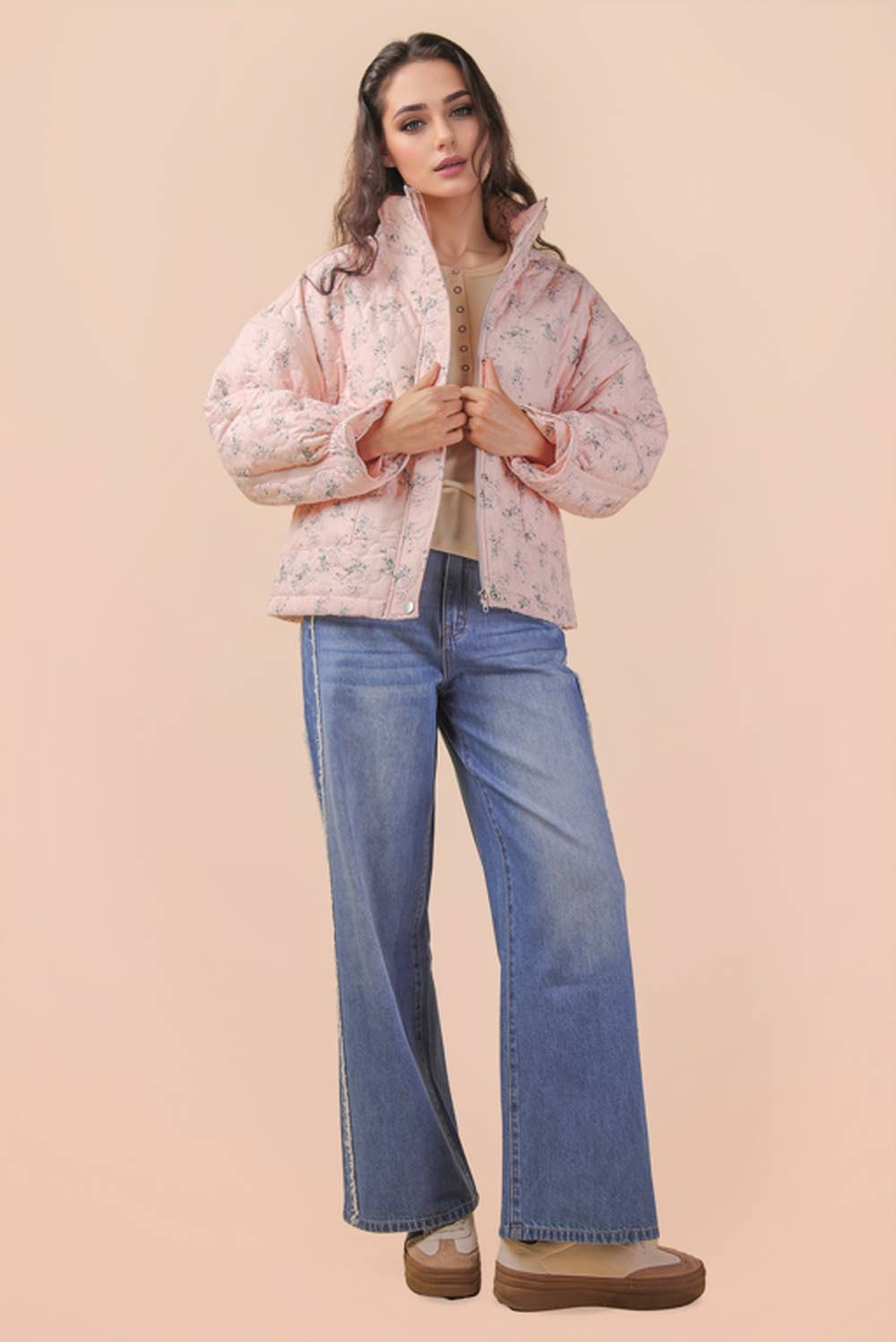 NJ90431-Floral Print Quilted Oversized Casual Jacket