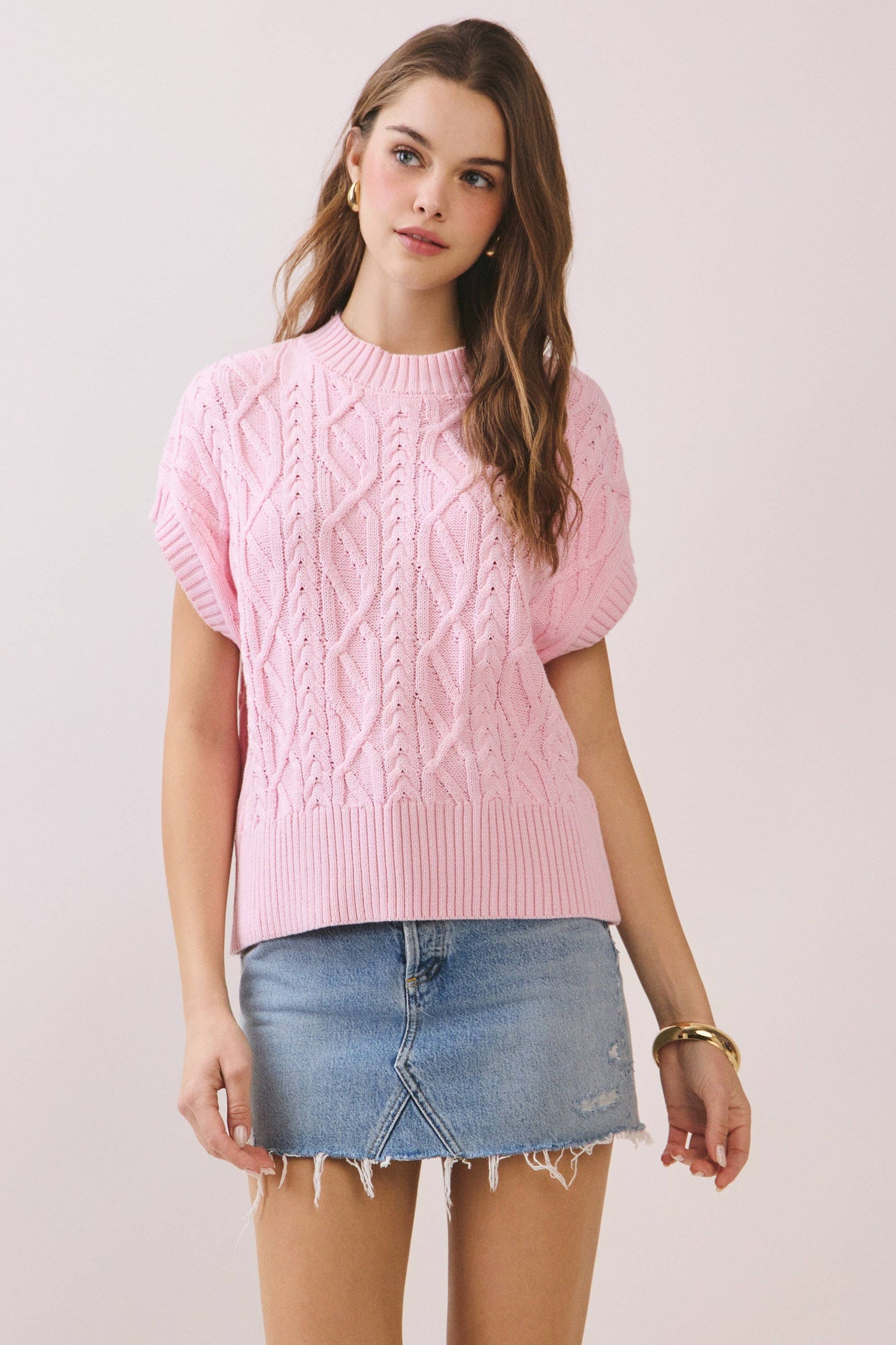 CW2646-Ribbed Trimming Detail Classic Cable Knit Sweater