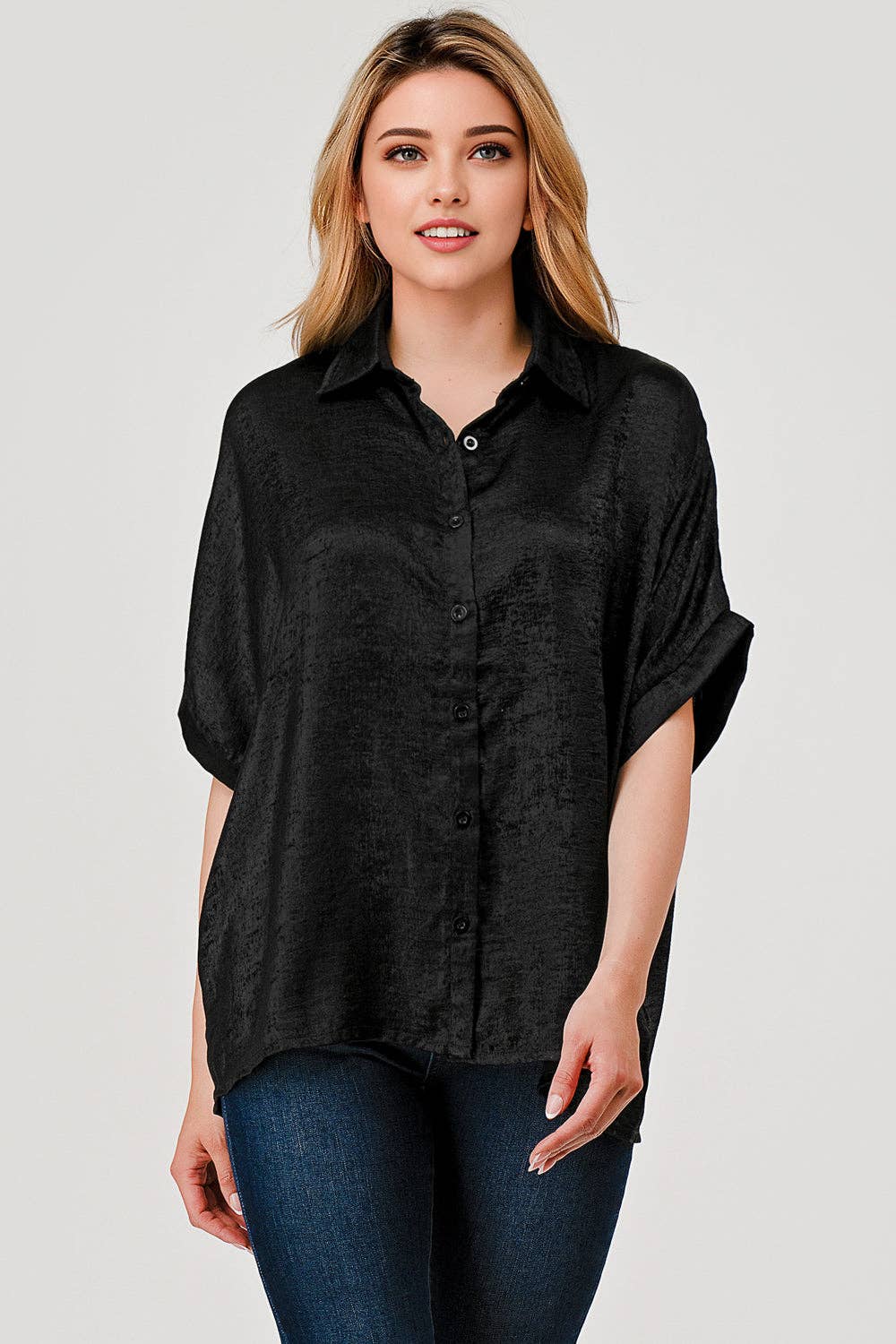Sonya Shimmer Metallic Foil Button Down Top Black