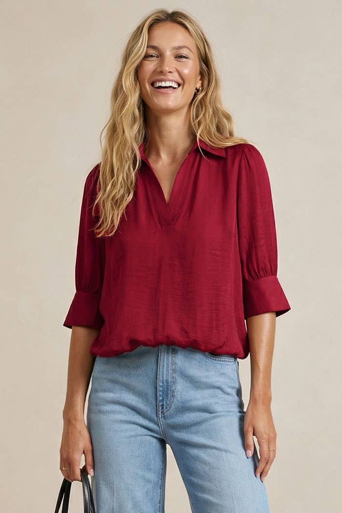 Half Sleeve Hi-lo Bubble Hem Blouse