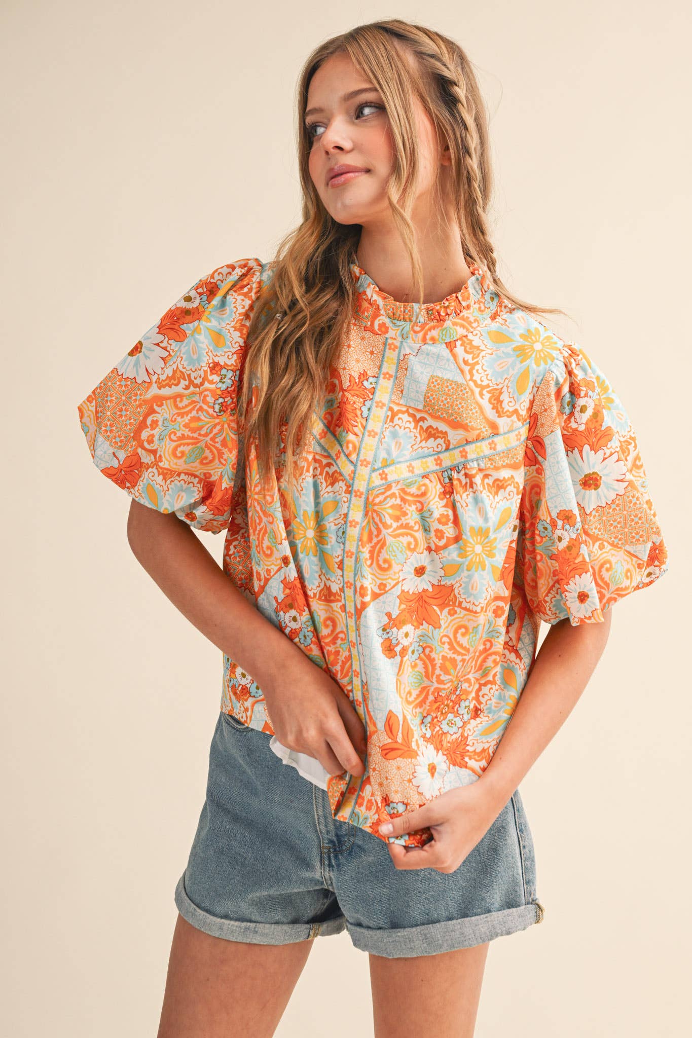 EXCLUSIVE FLORAL PRINT EMBROIDERY TRIM TOP MTP4610