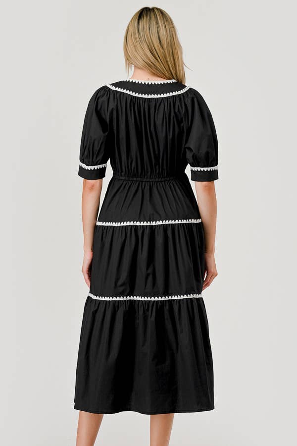  Pippa Short Sleeve Poplin Embroidered Midi Dress Black