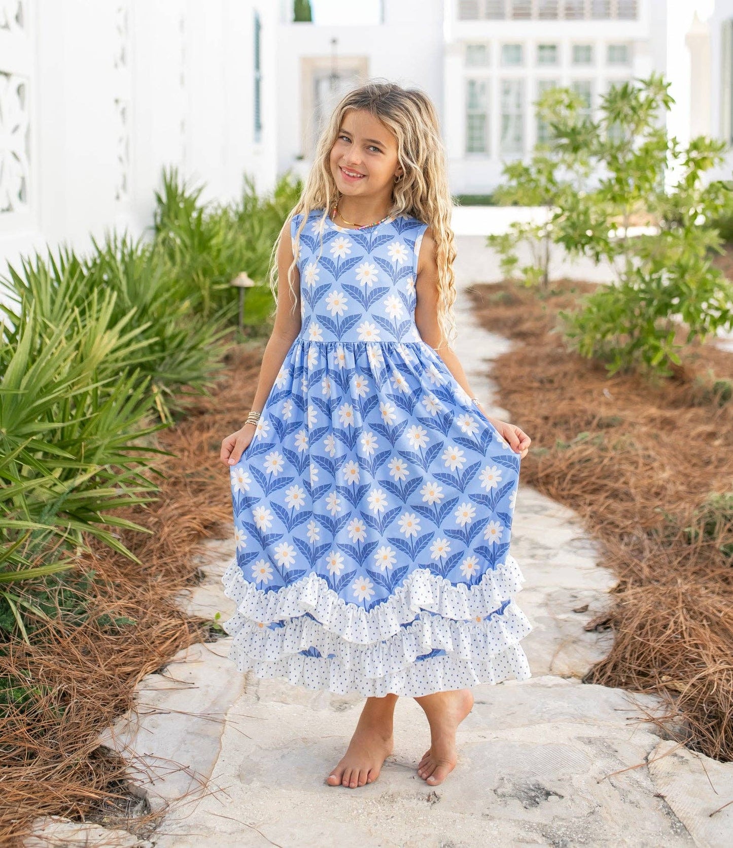 Girls Olivia 3 Ruffle Blue Floral Spring Summer Dress