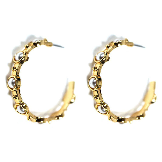 Hammered Gold 2" Hoop with Pearl Studded Stone Earring