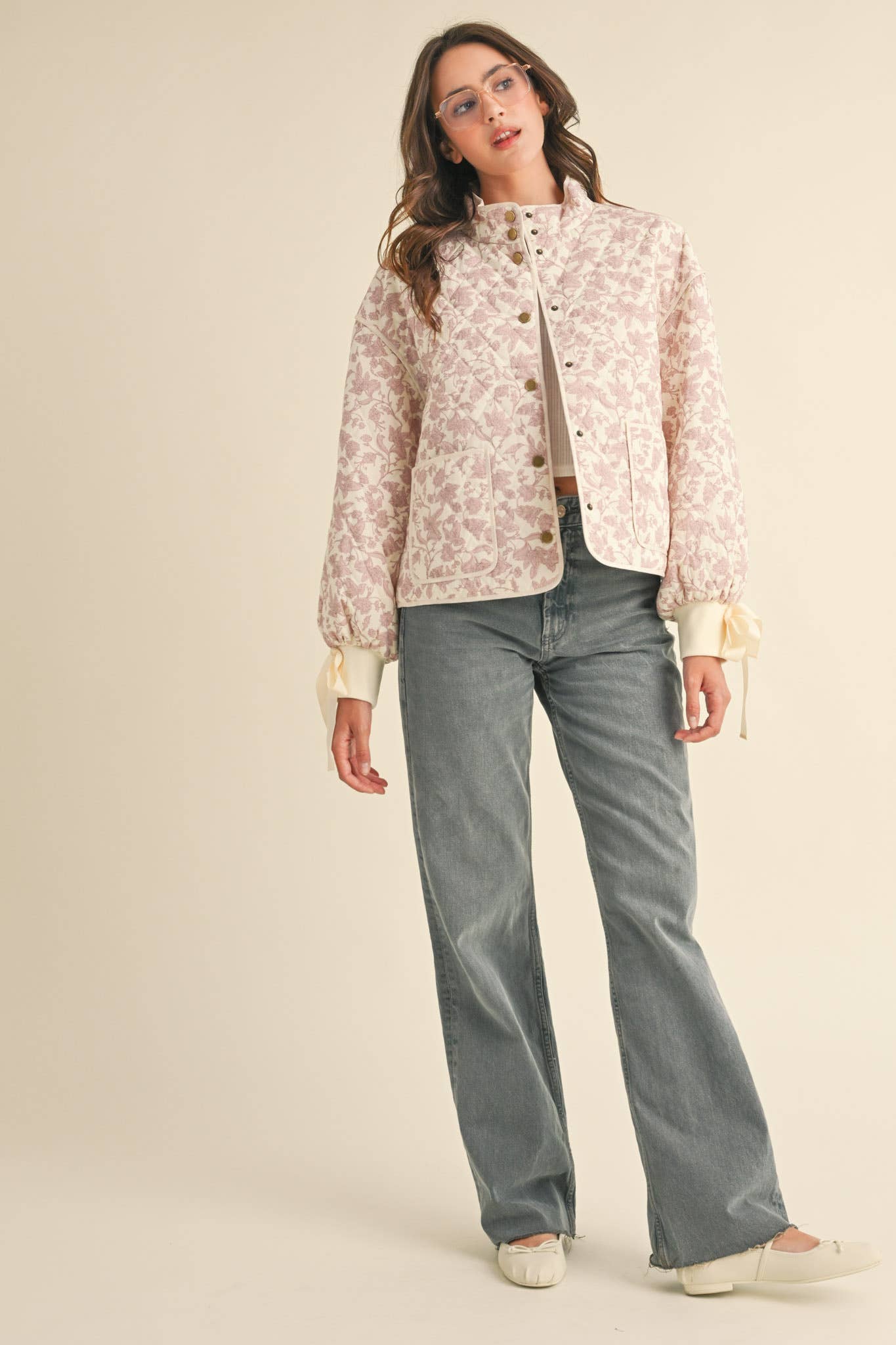 FLORAL QUILTED JACKET WITH RIBBON DETAIL MJK3622