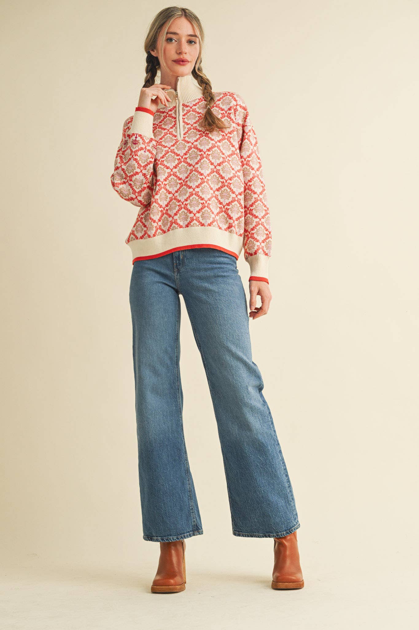 FLORAL MOCK NECK HALF ZIP PULLOVER MSW10829