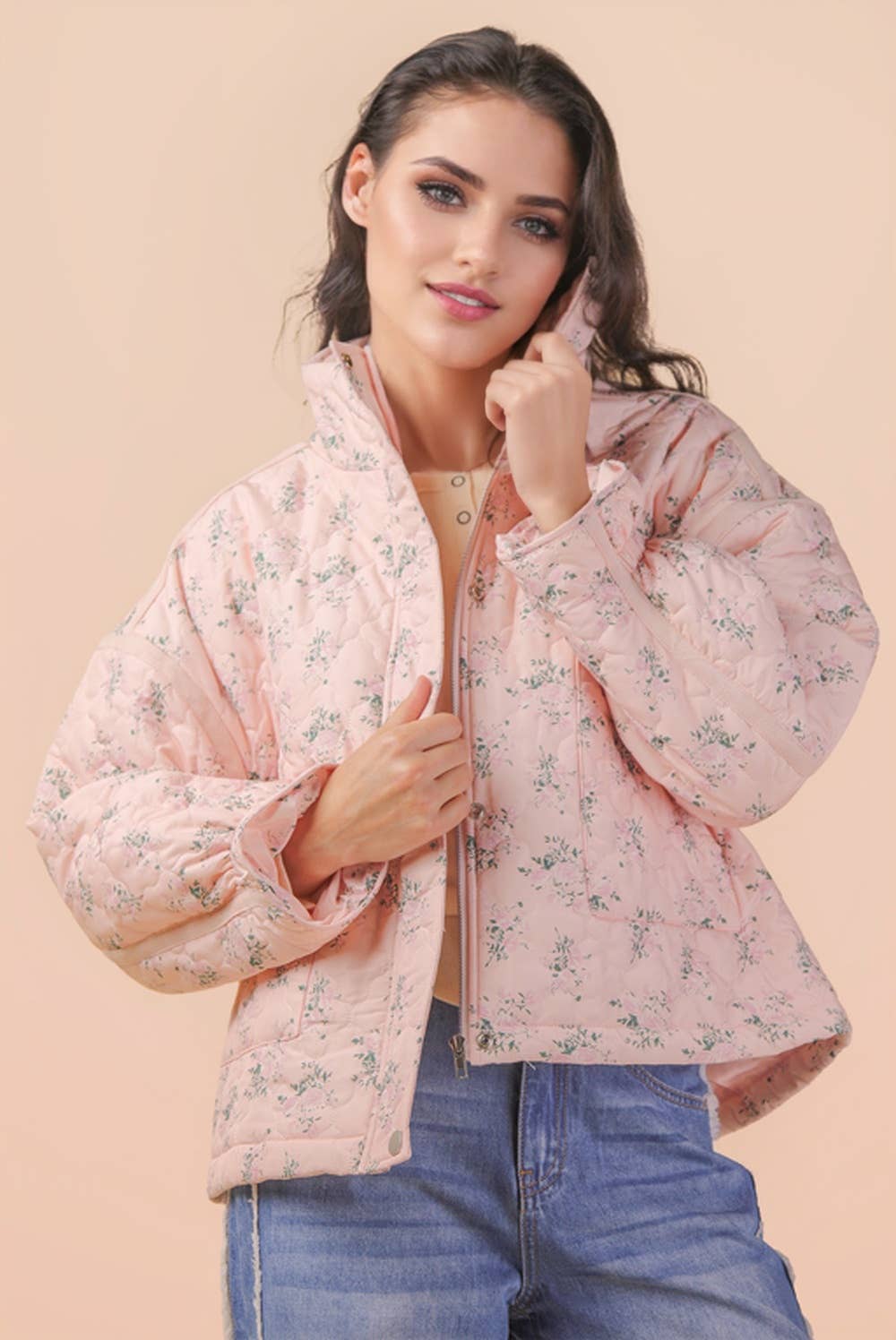 NJ90431-Floral Print Quilted Oversized Casual Jacket