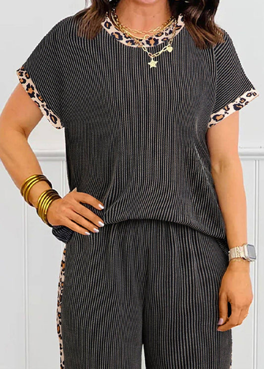 Leopard Patchwork Edge Twisted Rib T Shirt and Cropped Pants