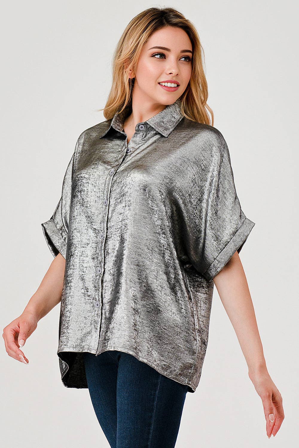 Sonya Shimmer Metallic Foil Button Down Top Pewter