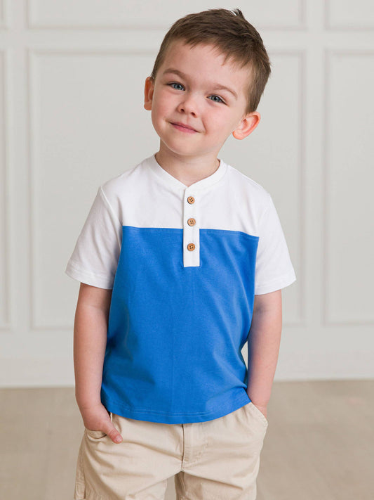 Boys White & Blue Color Block Short Sleeve Henley