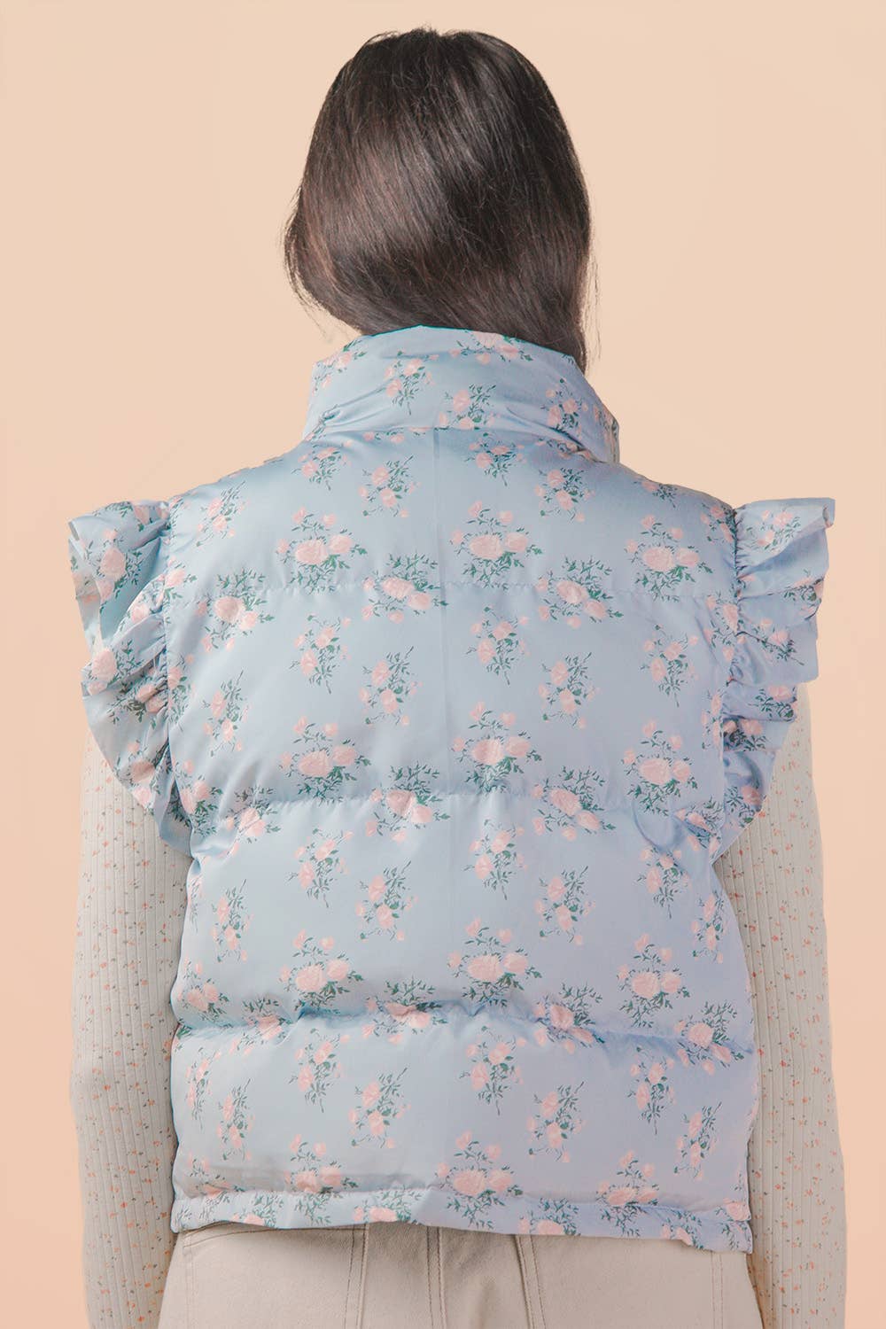 NJ90385-Front Bow Ruffle Sleeve Puffer Vest