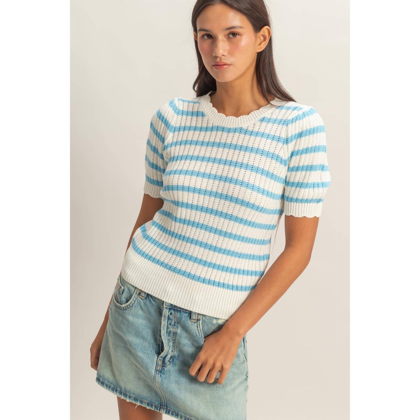 Striped Scallop Edge Puff Sleeve Knit Top