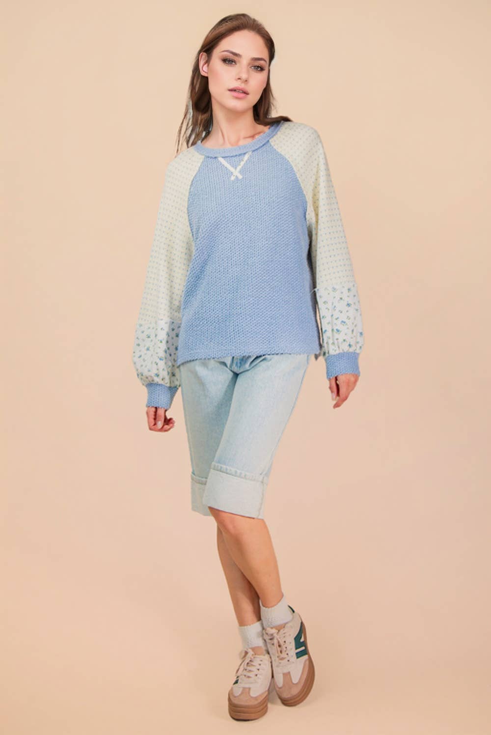 NT12328-Raglan Sleeve Color Block Casual Textured Knit Top