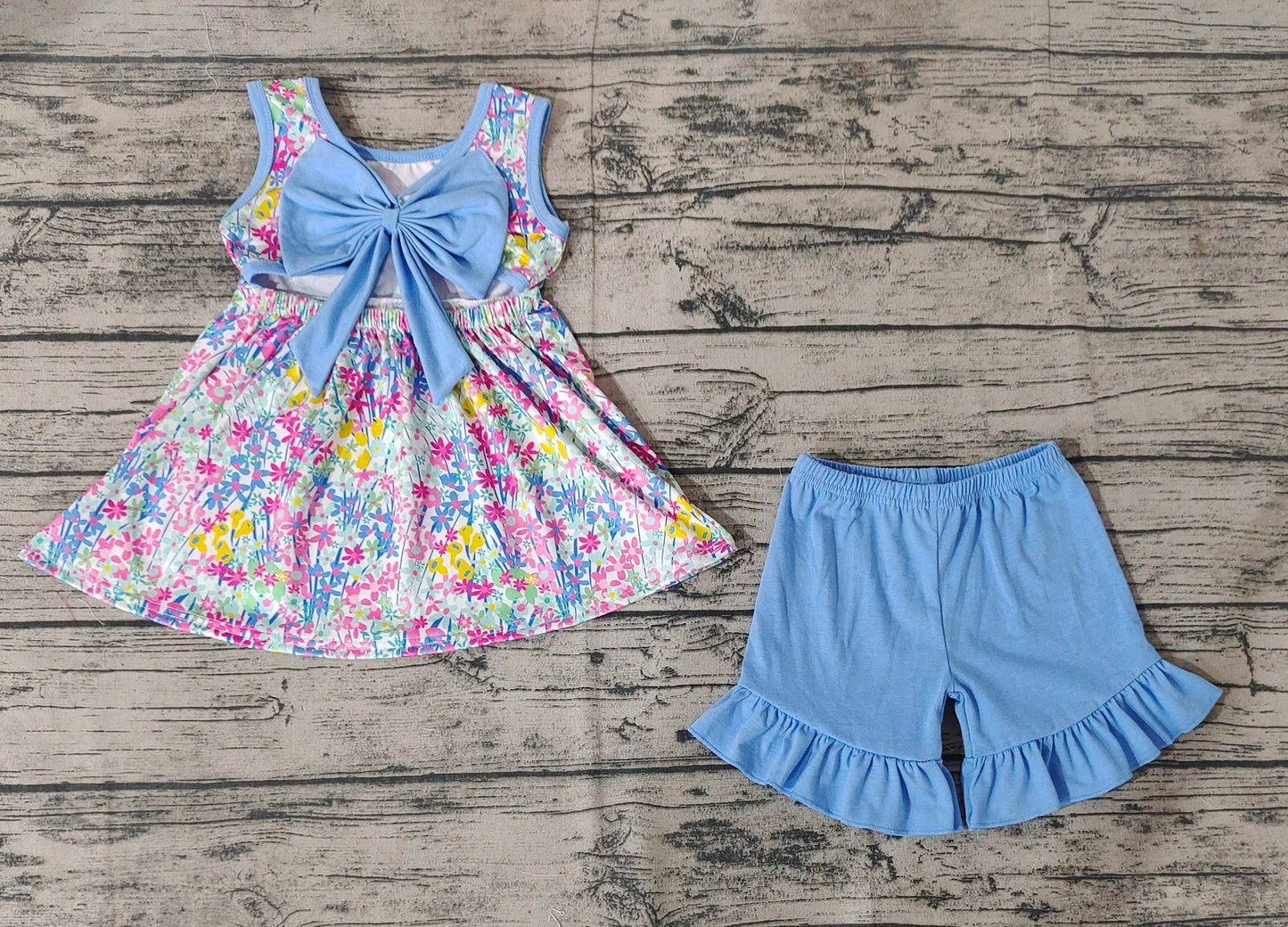 Baby Girls Blue Flowers Bow Tunic Top Ruffle Shorts Clothes