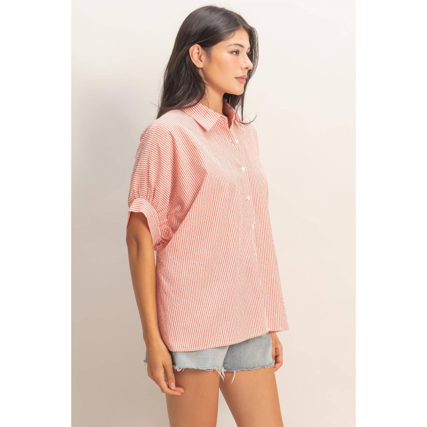 Striped Short Sleeve Button-Front Blouse