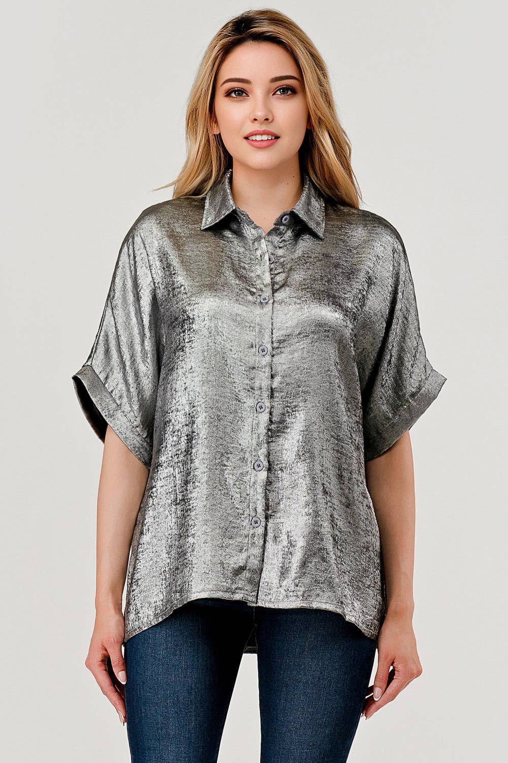 Sonya Shimmer Metallic Foil Button Down Top Pewter