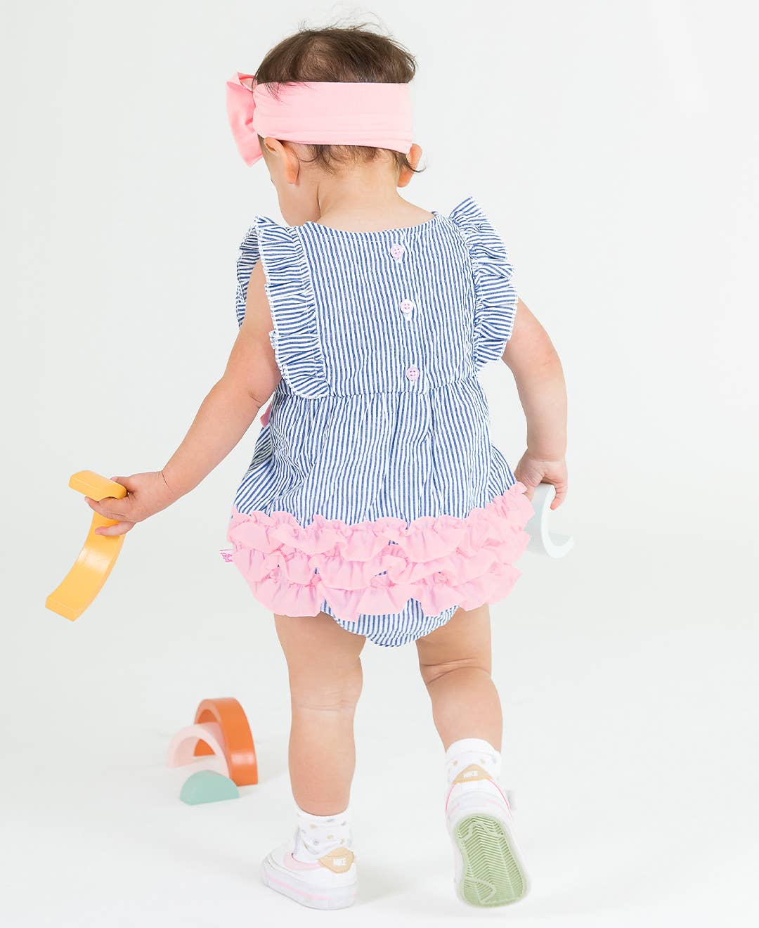 Baby Girls Classic Blue Seersucker Classic Ruffle Bubble Romper