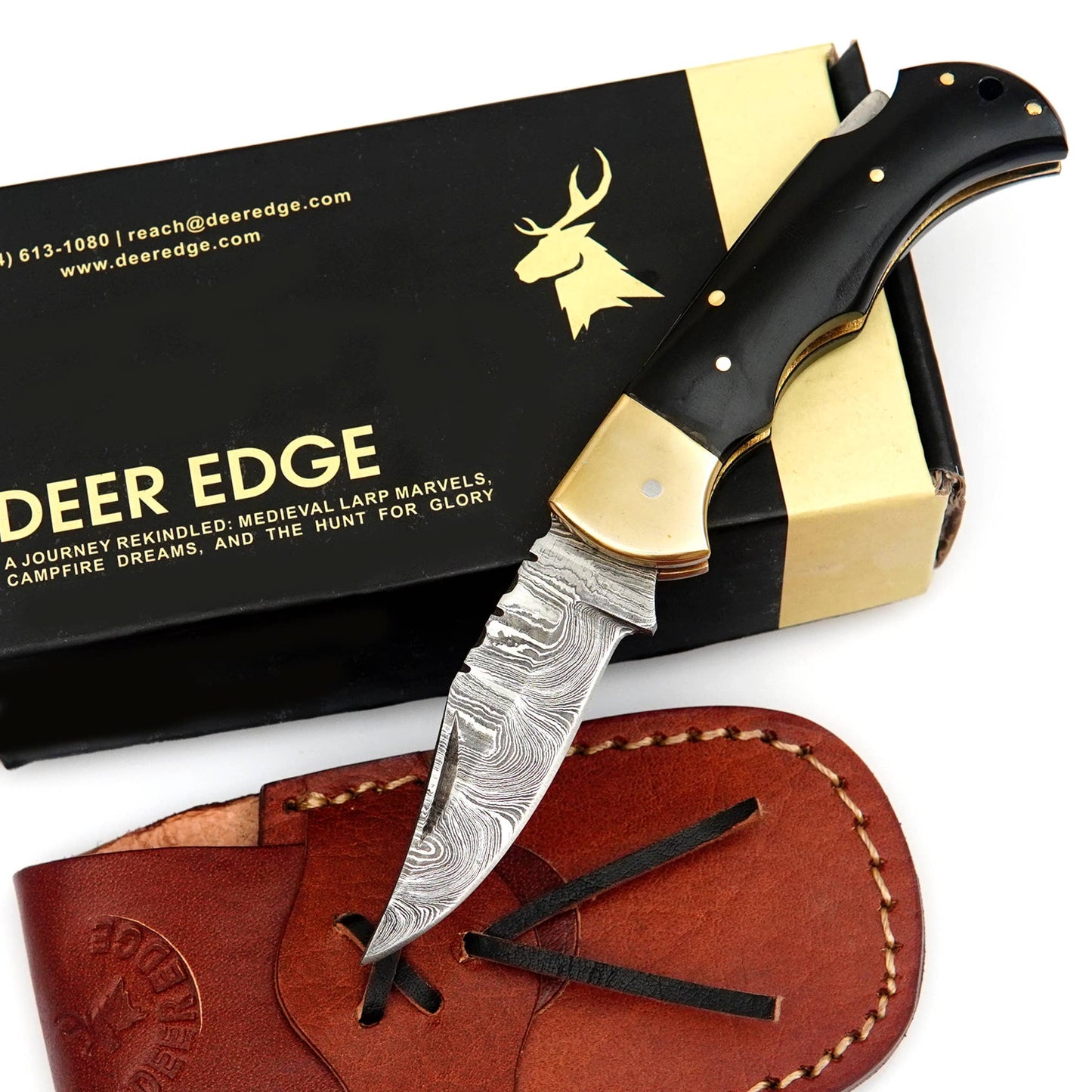 Damascus Folding Knife with leather case, Gift For Men