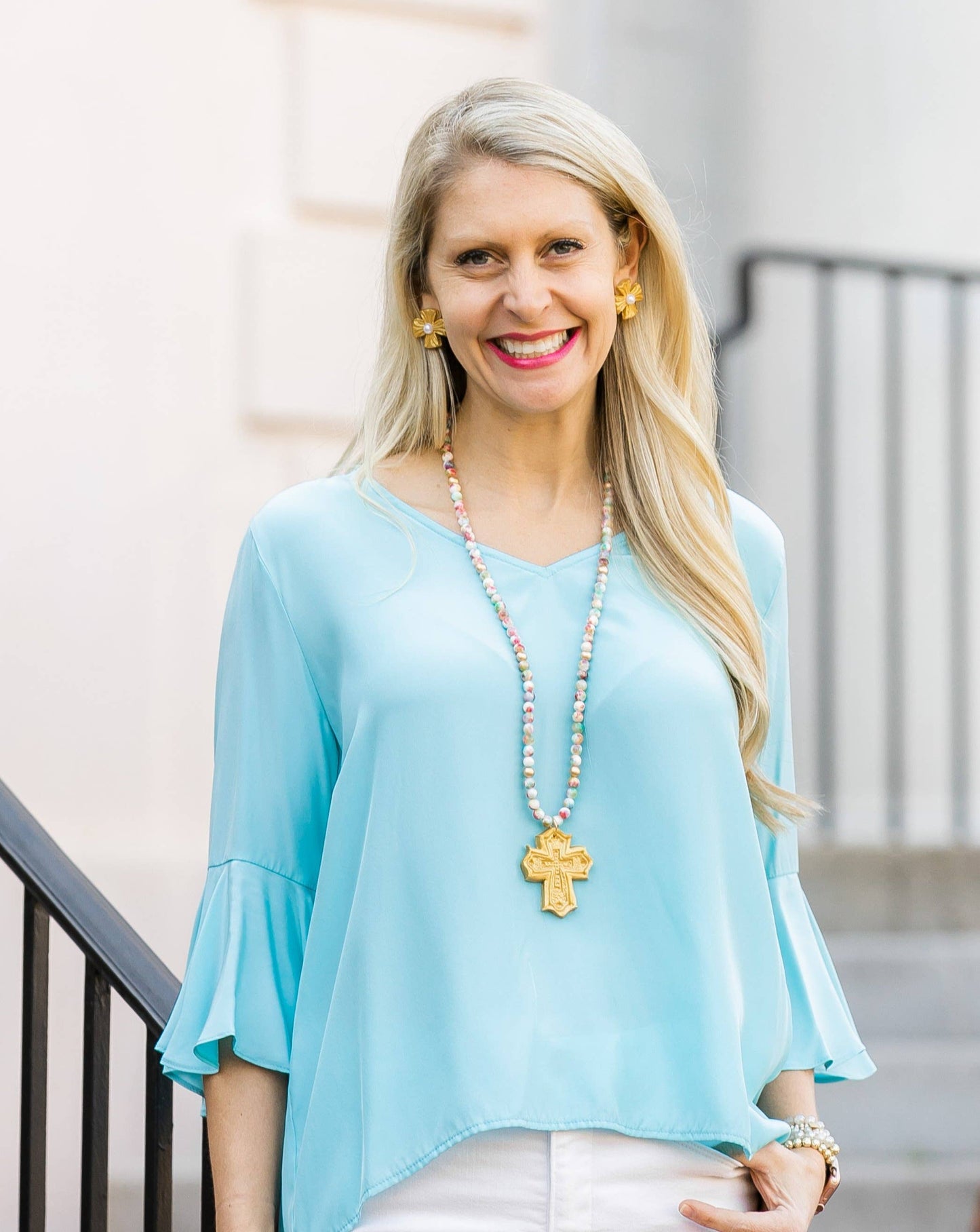 Julia Blair with Pearl Stud Earrings