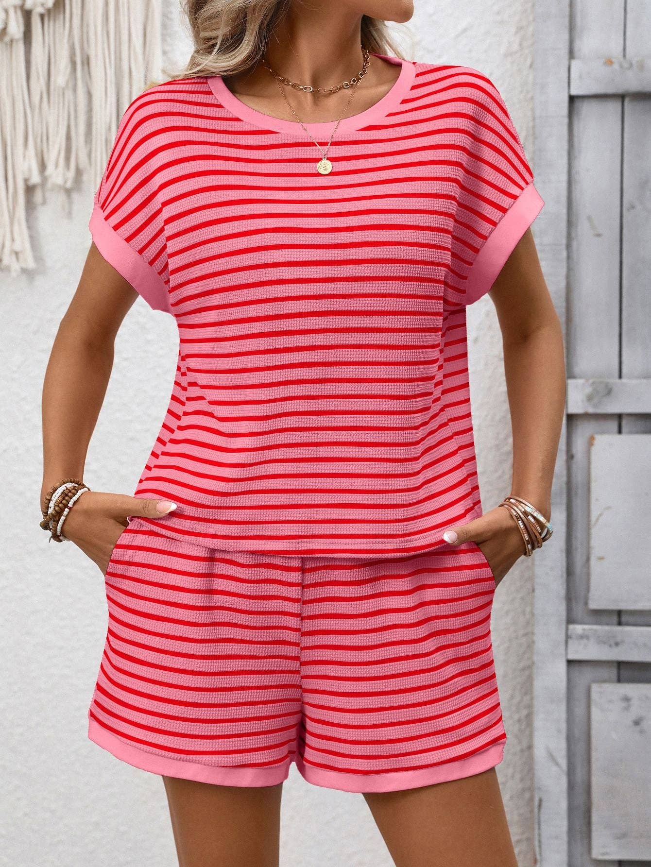 Striped Short Sleeve Top & Shorts Lounge Set