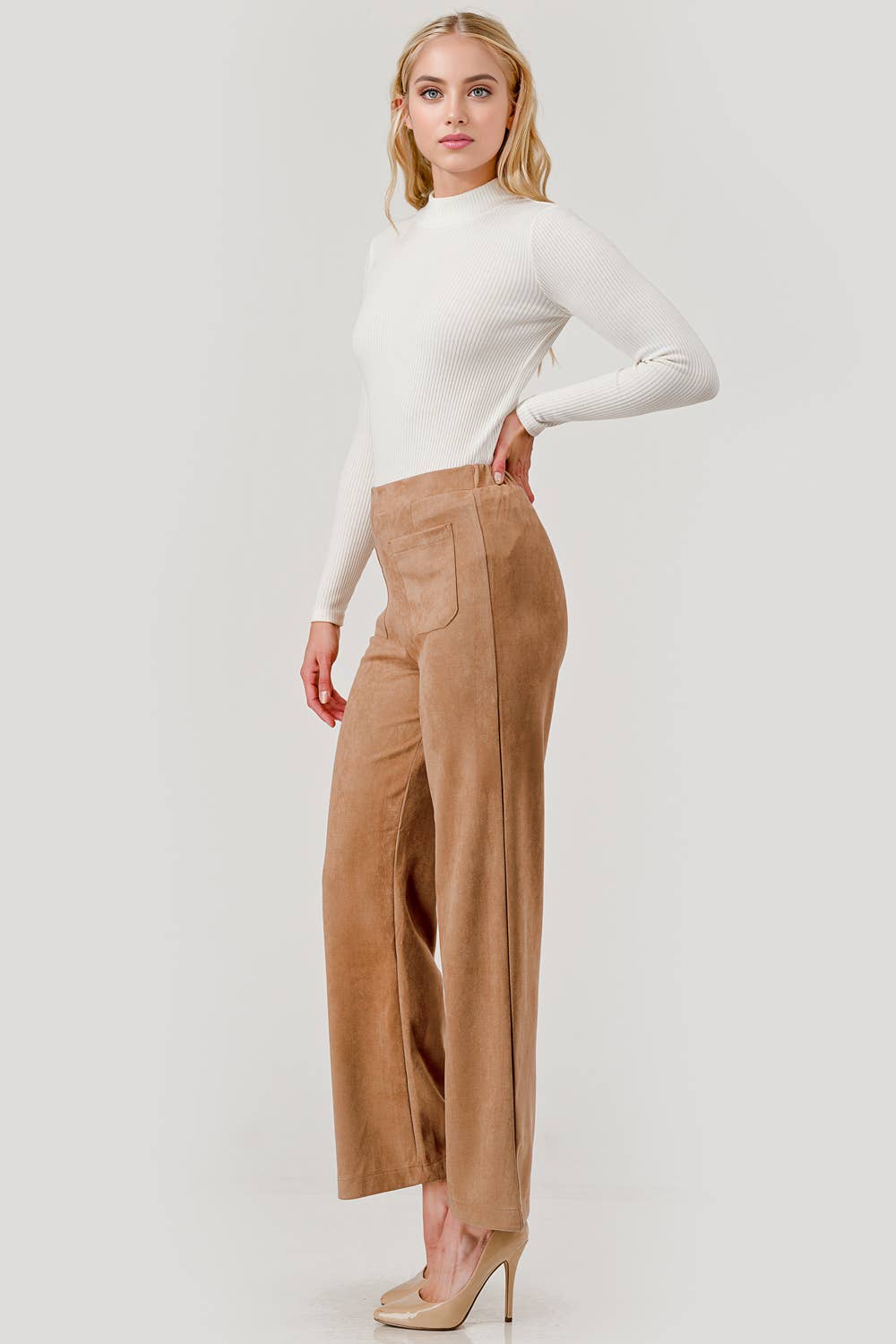 Mbp 1004 Suede Feel Pull on Front Pocket Stretch Pants Camel