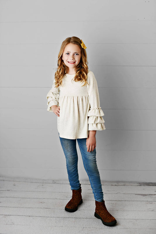 Kids Cream Ecru 3 Ruffle Sleeve Blouse Fall Winter Shirt