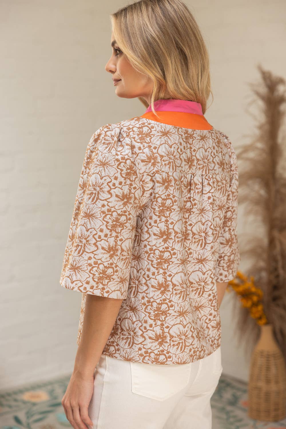 36271 Color Block Placket Floral Jacquard Top