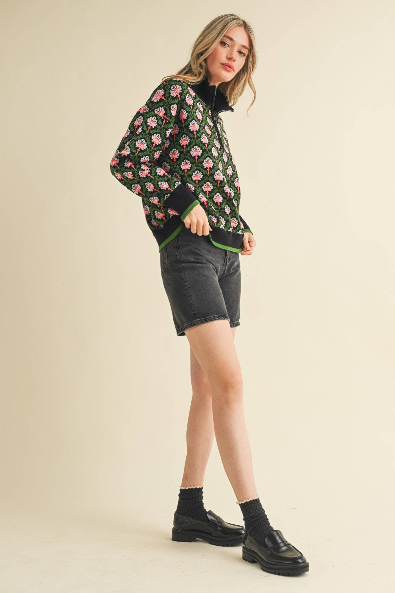 FLORAL MOCK NECK HALF ZIP PULLOVER MSW10829
