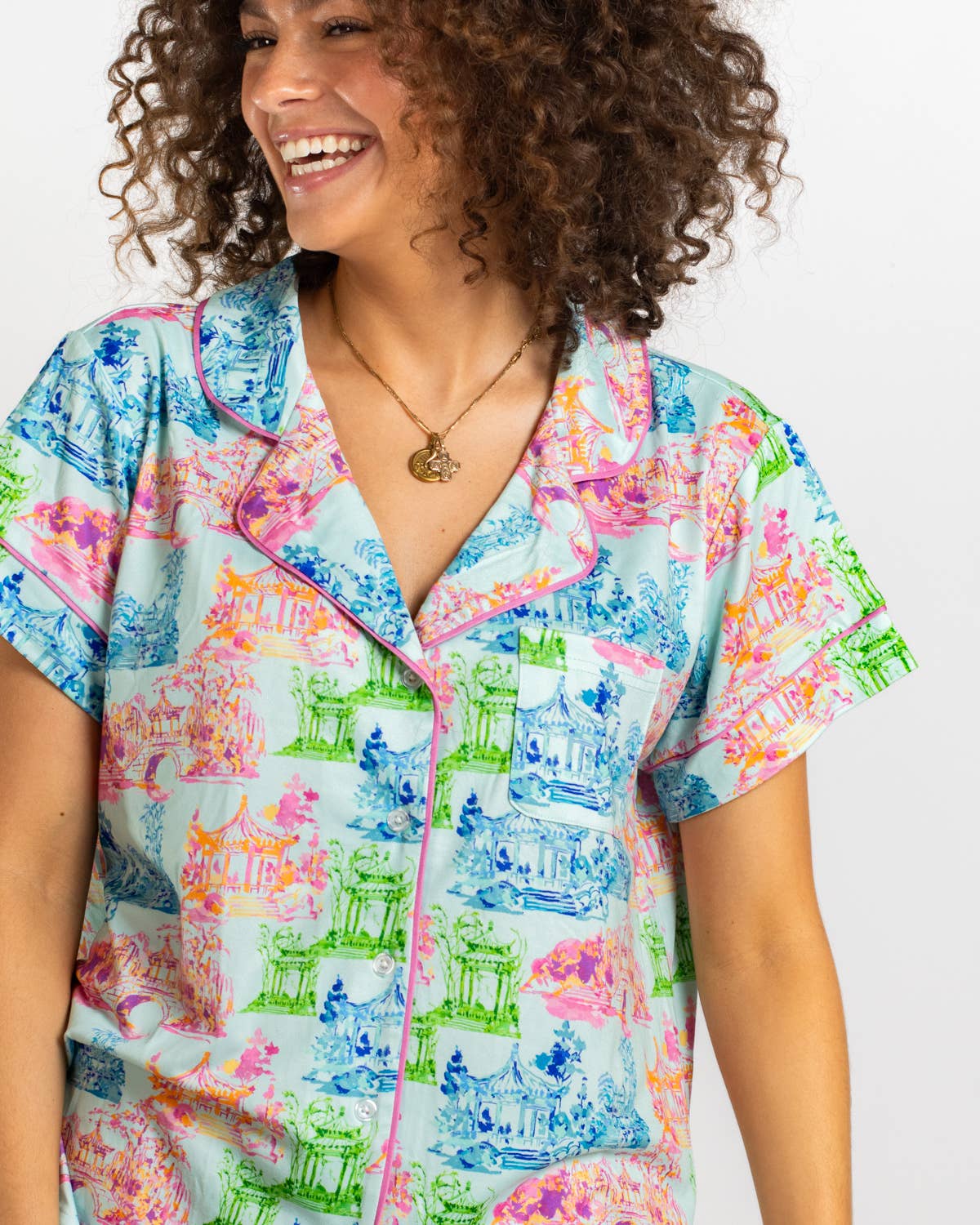 Maya Short Sleeve Button Up Sleep Shirt   Aqua/Multi   -Asst.