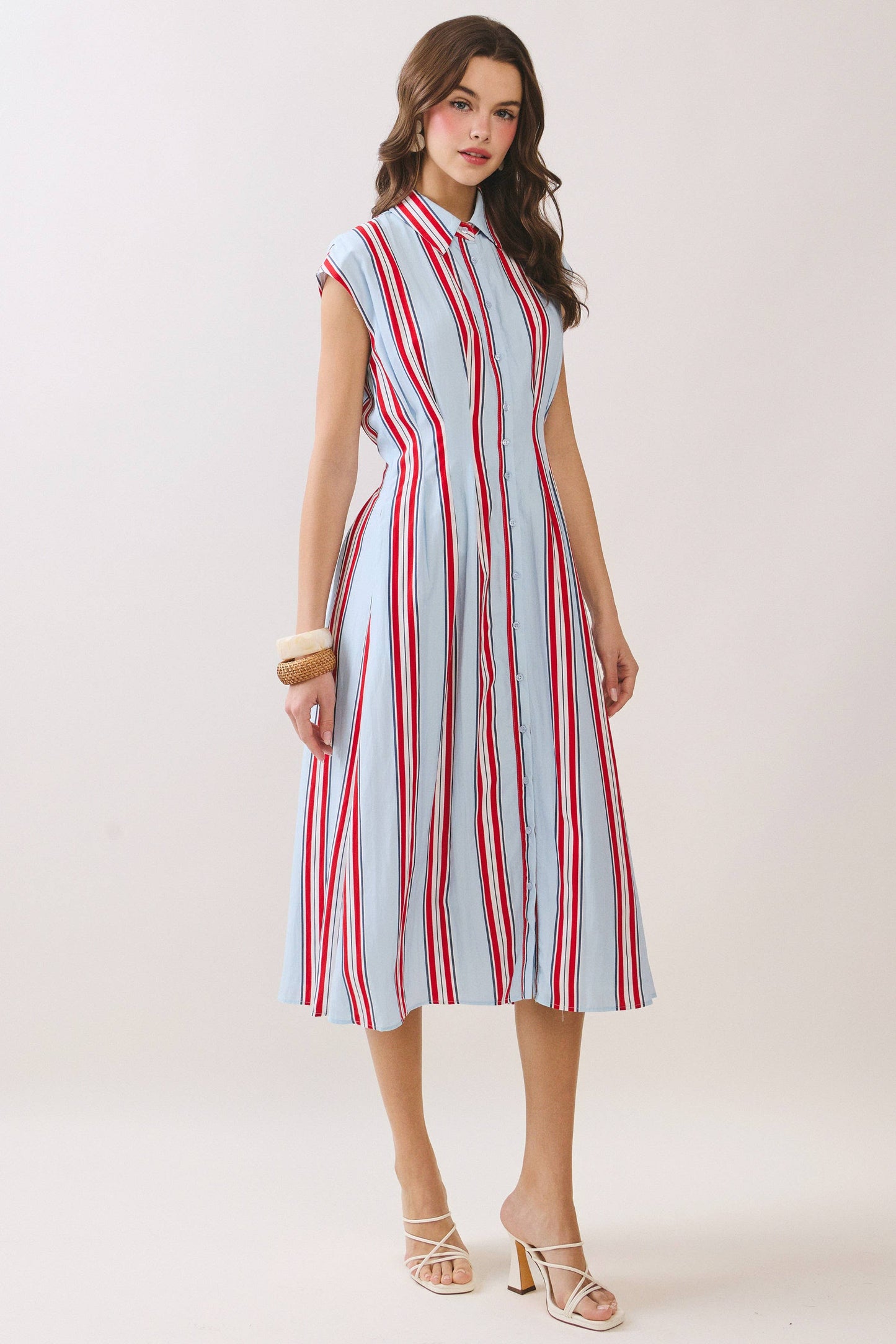 CD06694-Fitted Bodice Striped Button Down Midi Dress