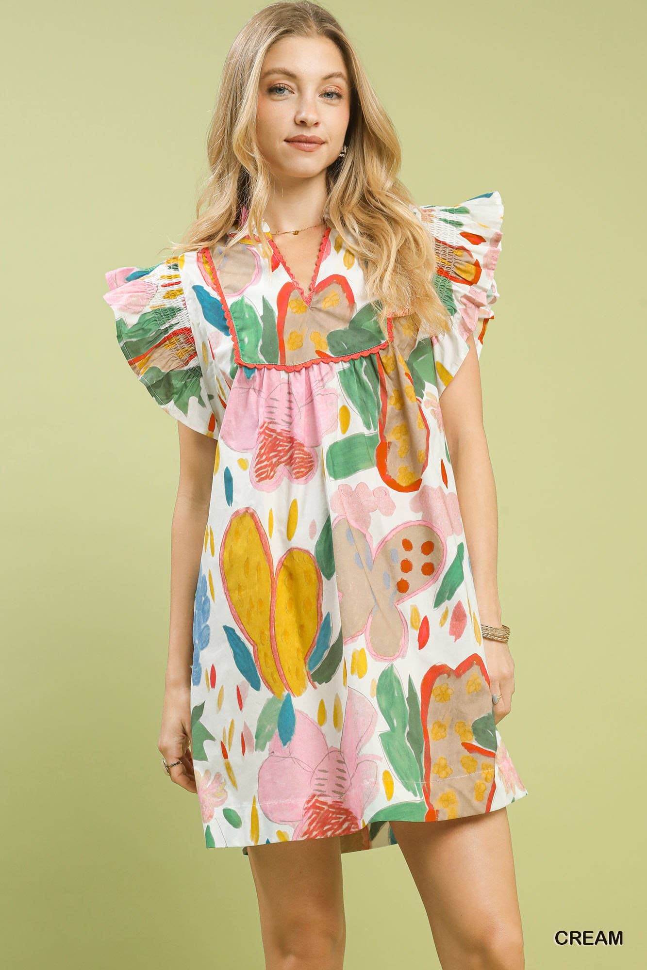 Abstract Floral Ruffle Sleeve Dress