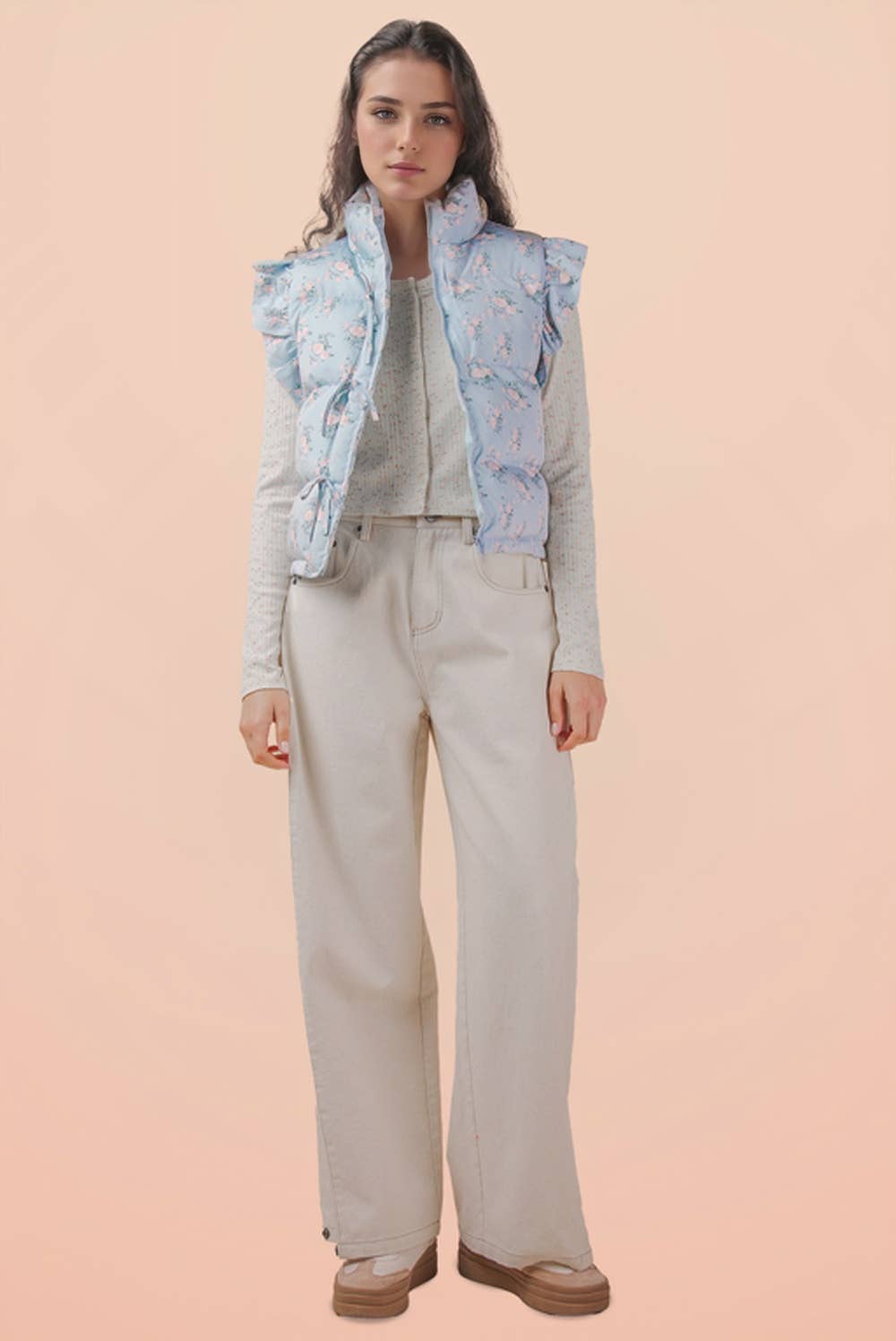 NJ90385-Front Bow Ruffle Sleeve Puffer Vest