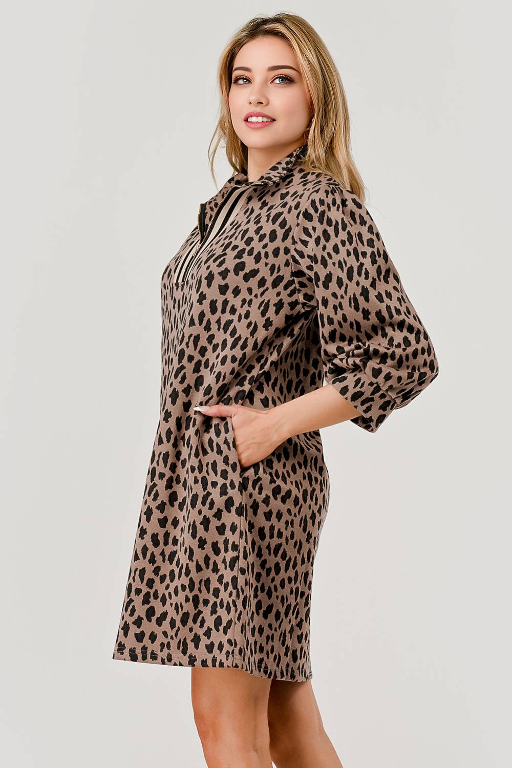 Mandy Leopard Print fabric Zipper Dress Brown