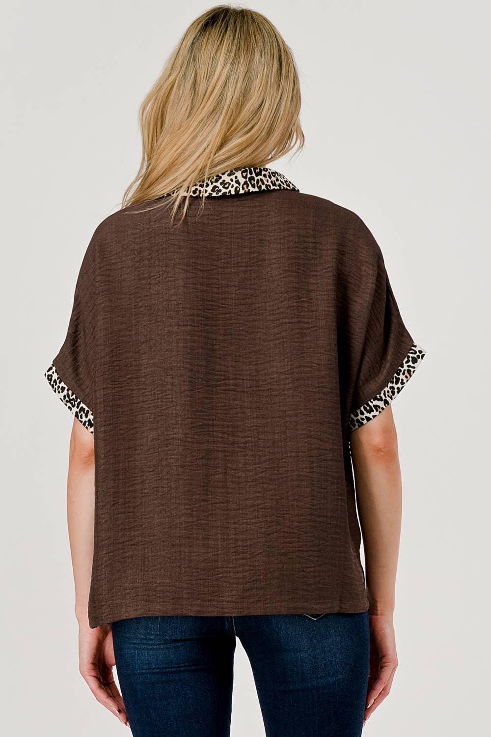 Danni Short Sleeve Leopard Print Color Block Top Coffee 9923