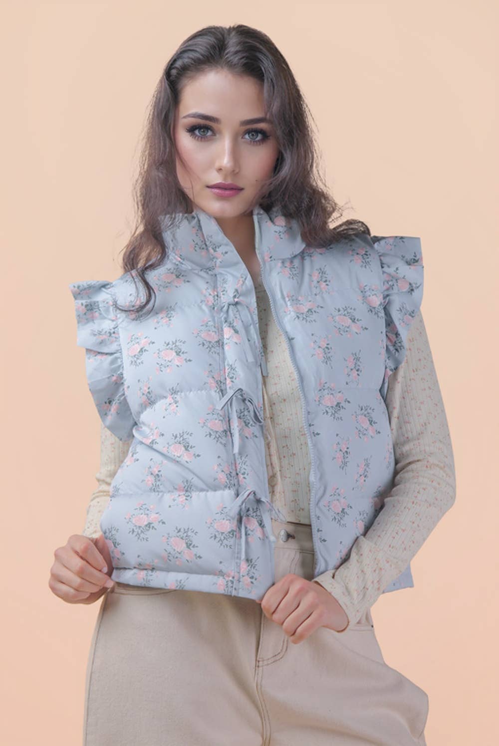 NJ90385-Front Bow Ruffle Sleeve Puffer Vest