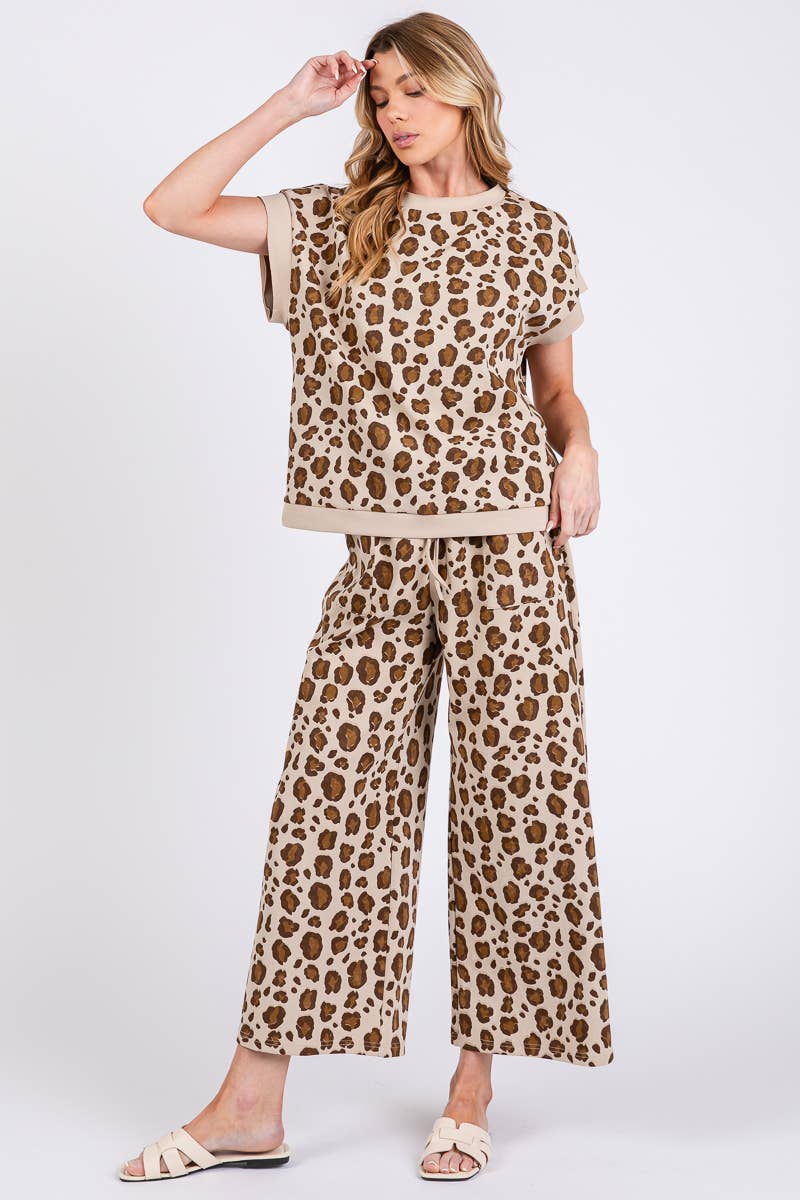 LEOPARD PRINT SCUBA TOP AND PANTS SETS