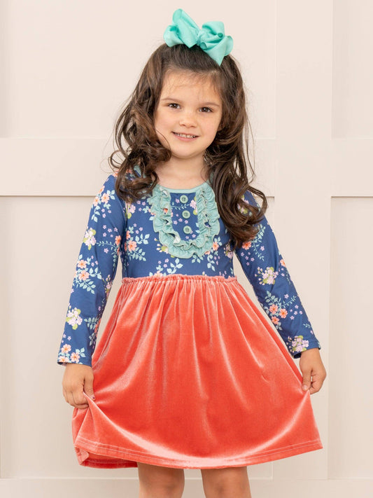 Rose Velvet & Blue Floral Ruffle Dress